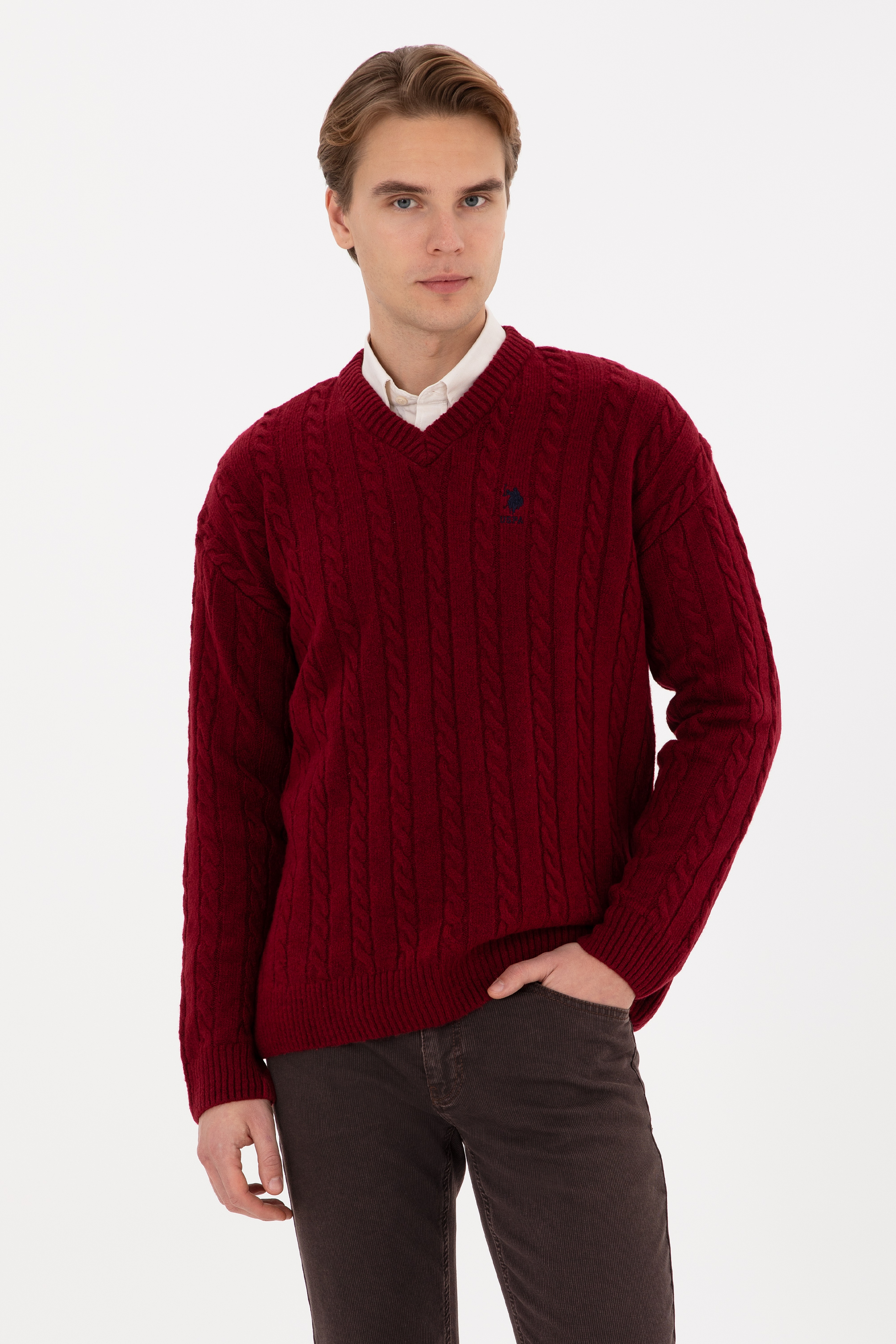 Erkek Bordo Comfort Fit V Yaka Kazak - Image 1