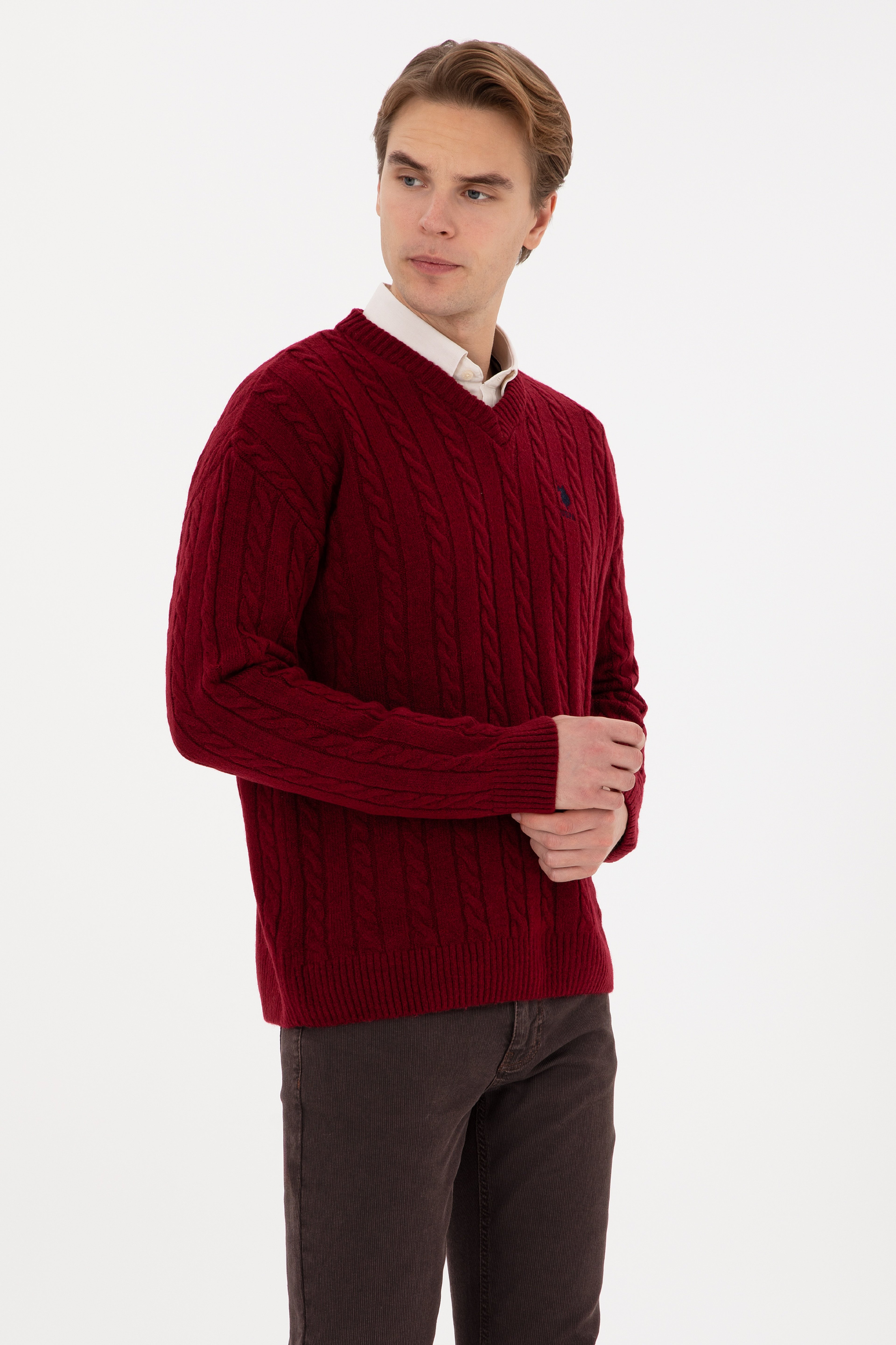 Erkek Bordo Comfort Fit V Yaka Kazak