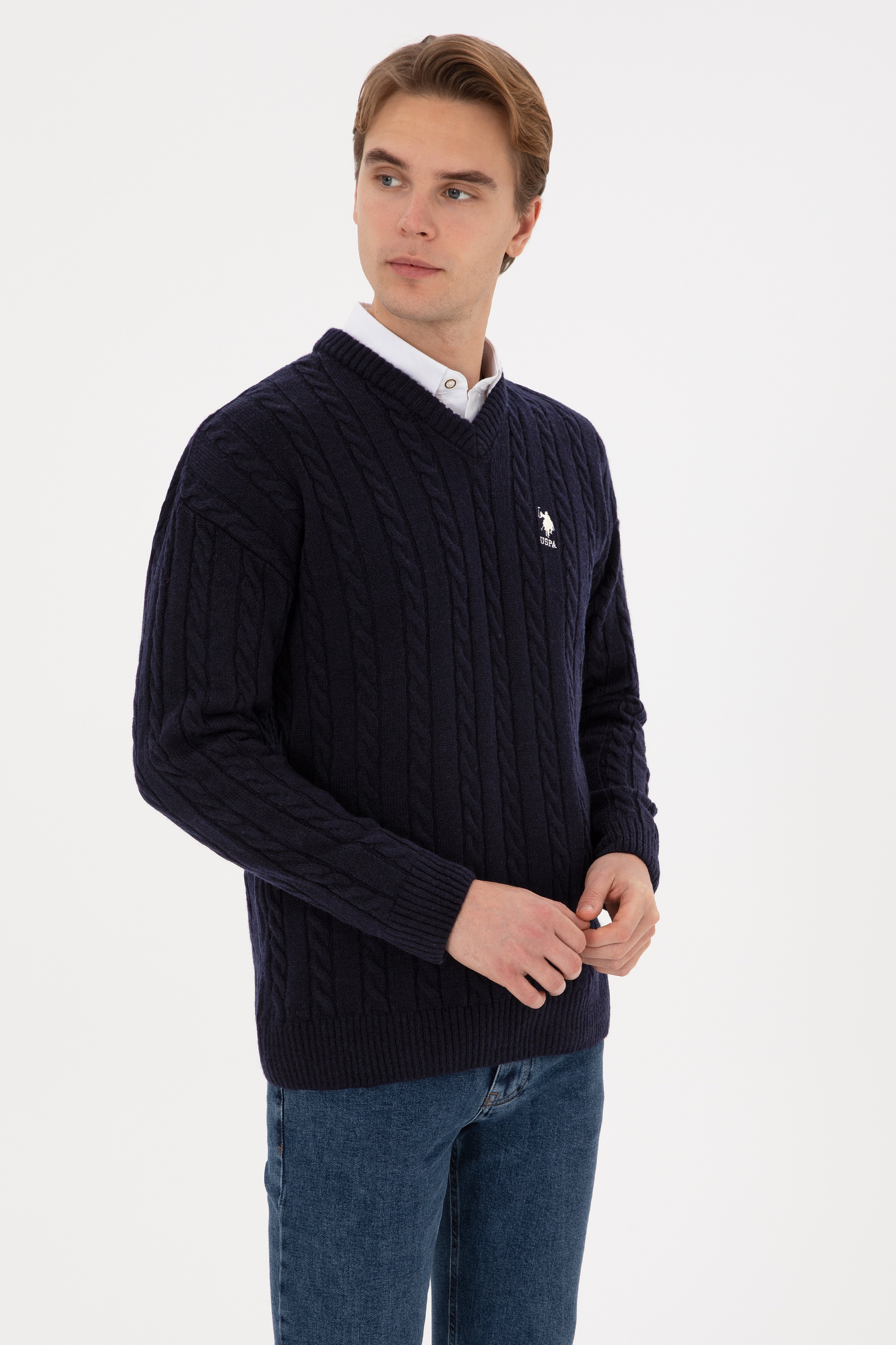 Erkek Lacivert Comfort Fit V Yaka Kazak - Image 3