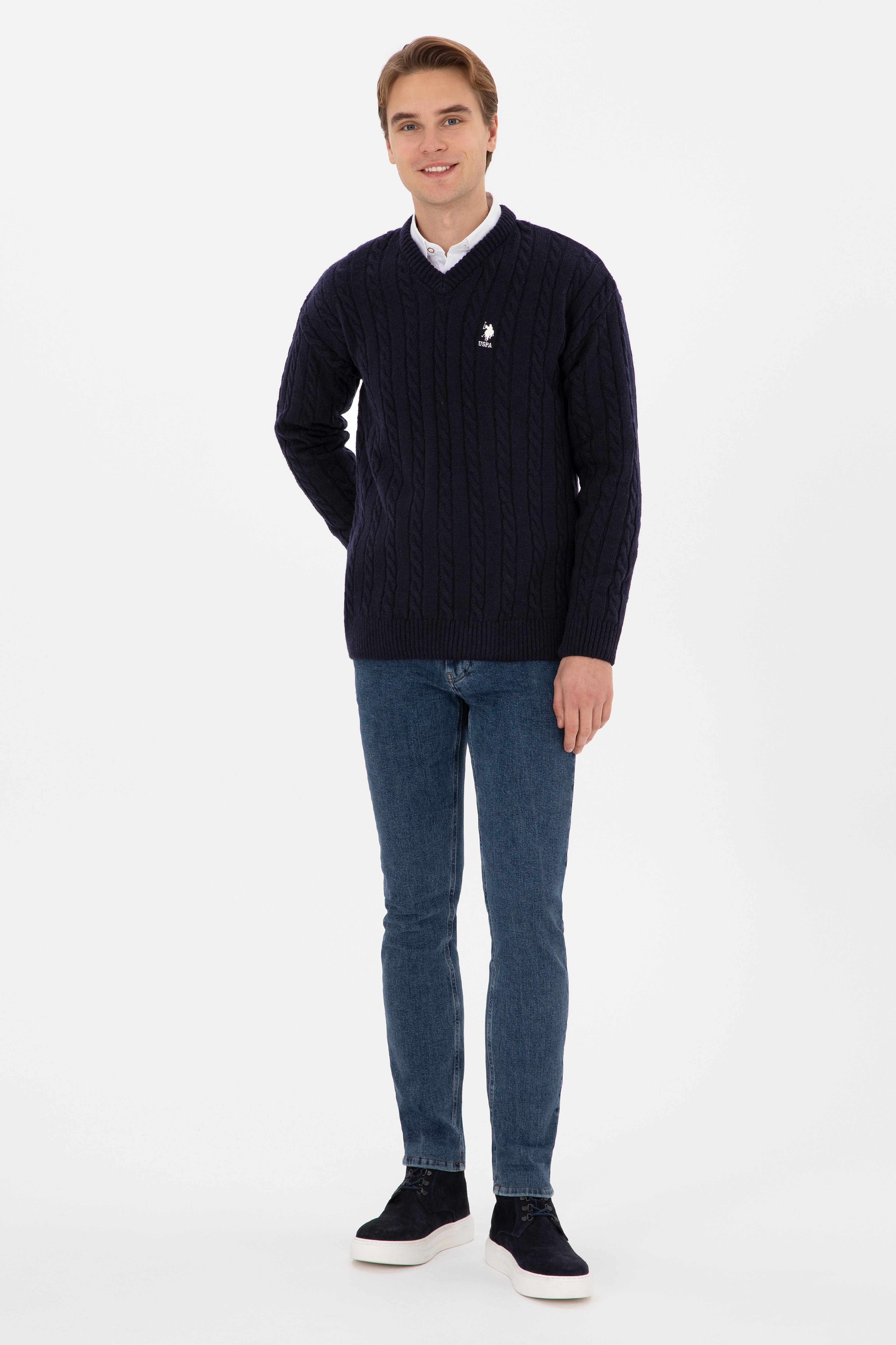 Erkek Lacivert Comfort Fit V Yaka Kazak - Image 4