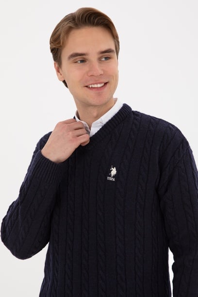 Erkek Lacivert Comfort Fit V Yaka Kazak
