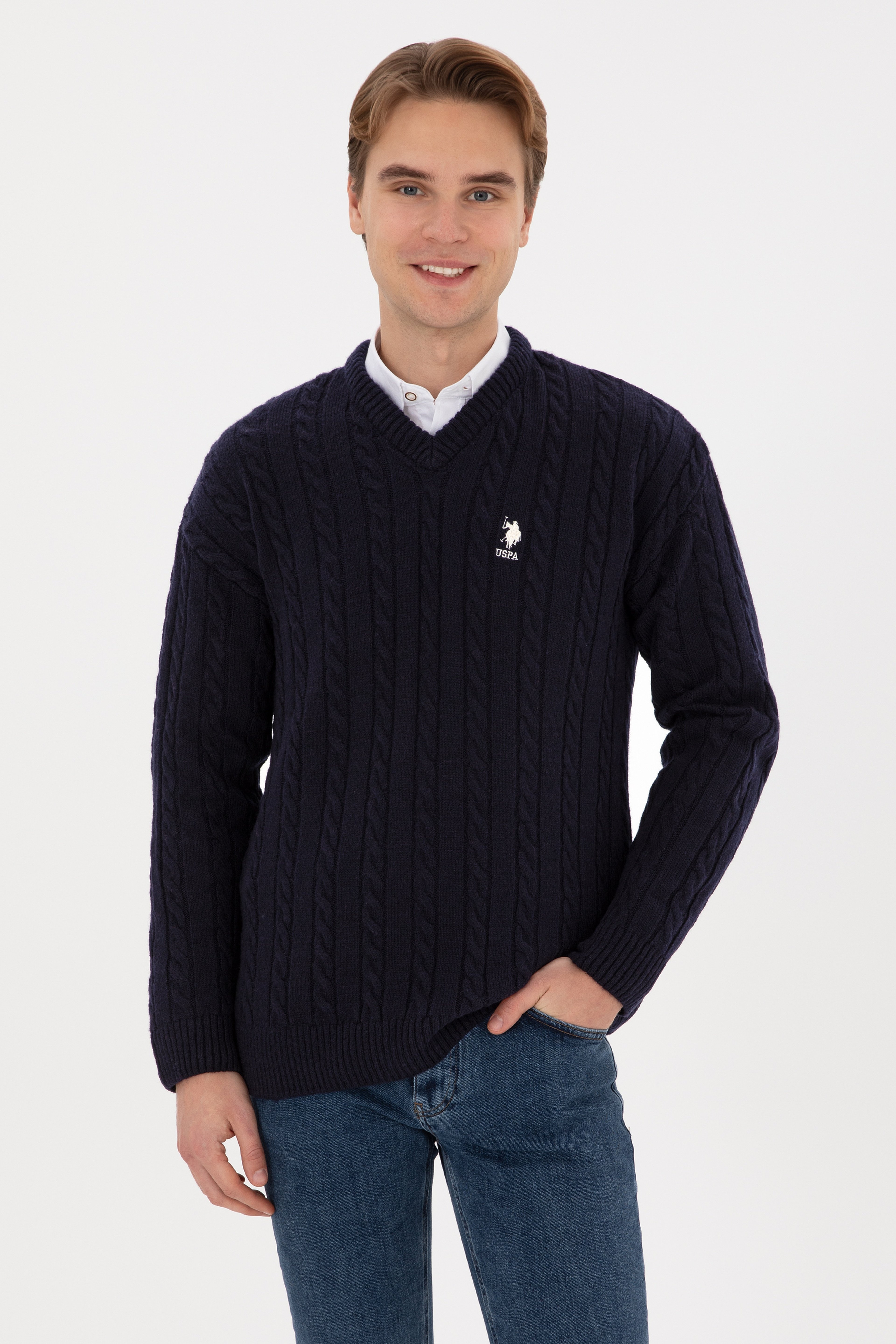 Erkek Lacivert Comfort Fit V Yaka Kazak - Image 1