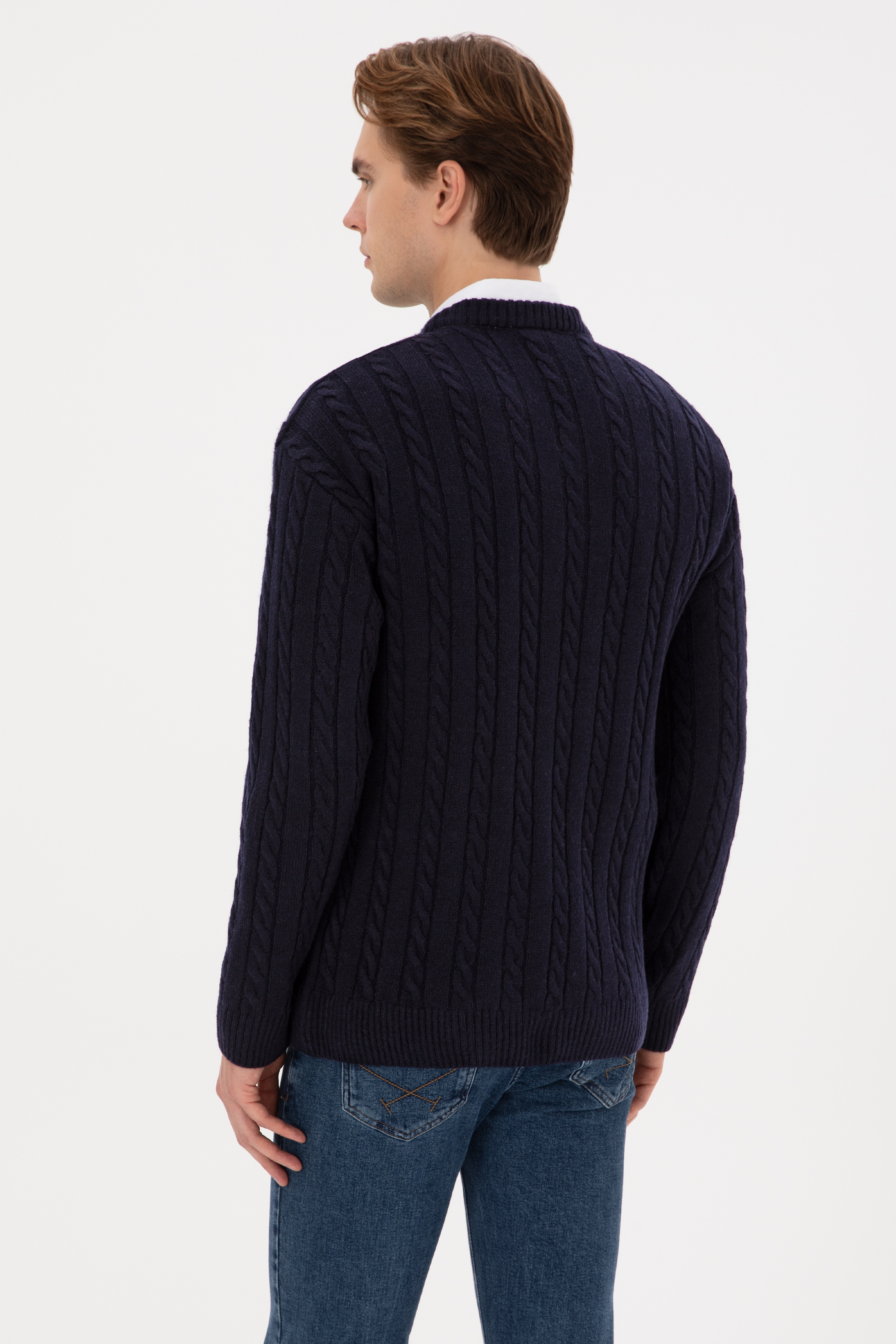 Erkek Lacivert Comfort Fit V Yaka Kazak