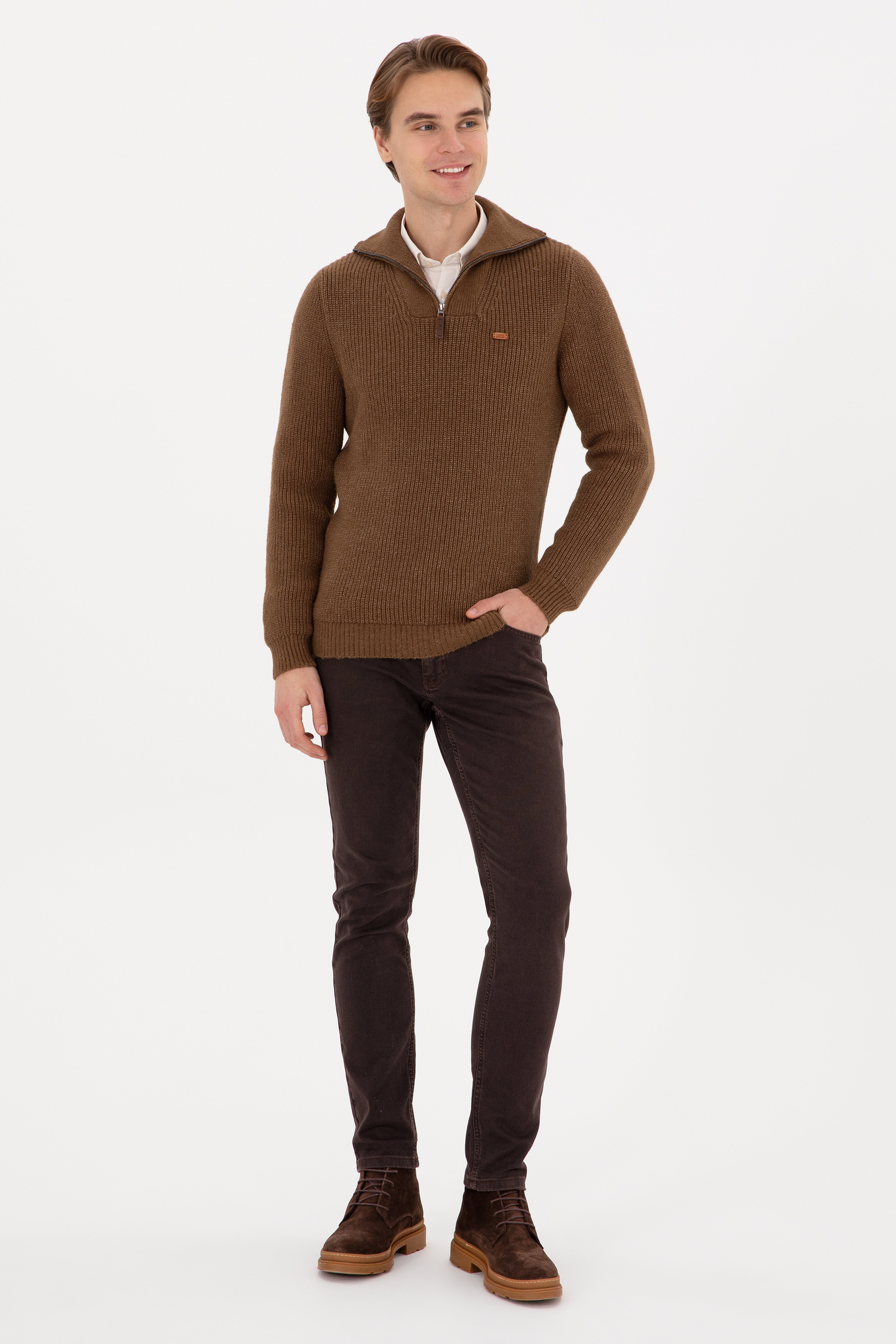 Erkek Regular Fit Yarım Fermuarlı Haki Kazak - Image 4