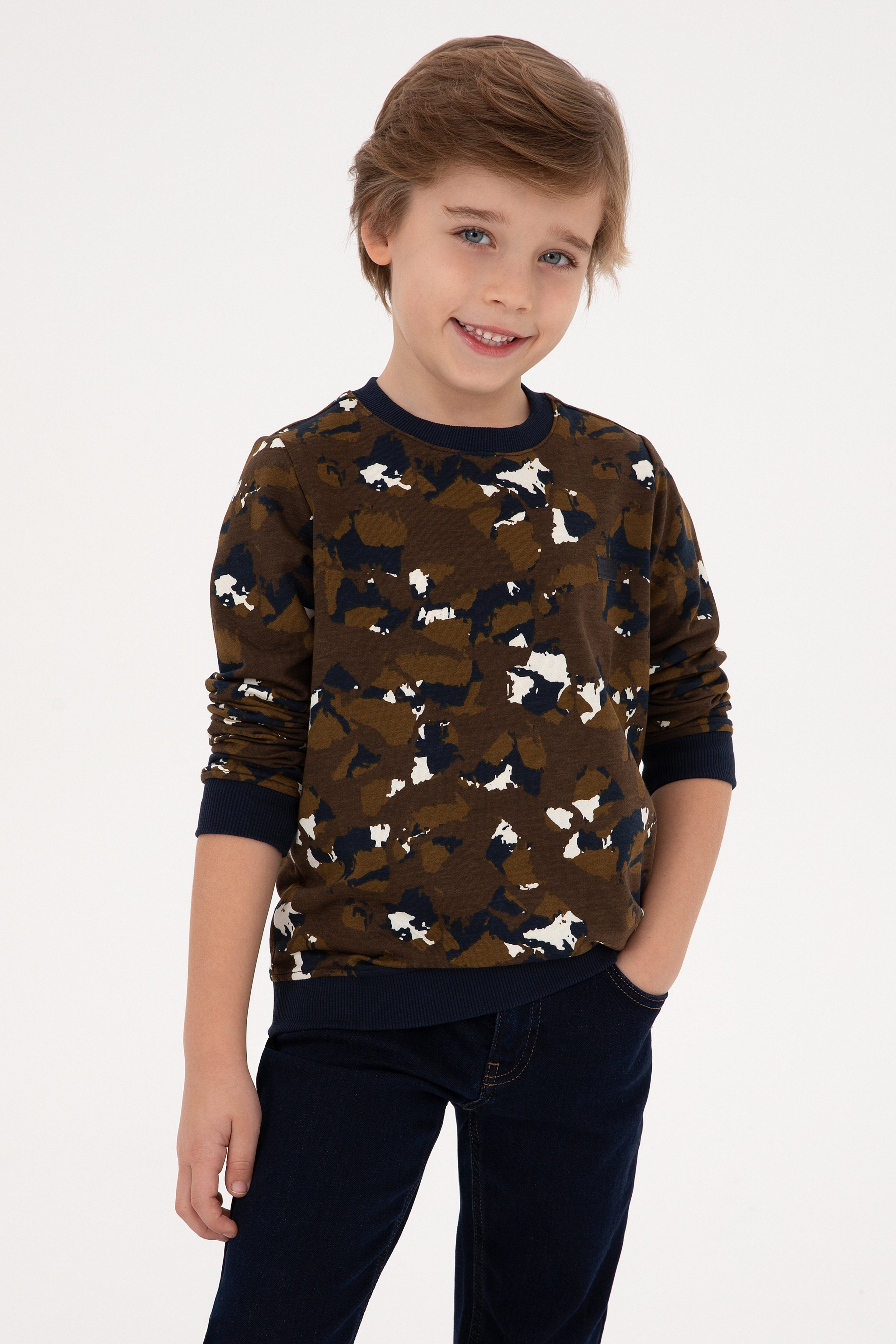 Erkek Çocuk Kahverengi Bisiklet Yaka Sweatshirt - Image 1