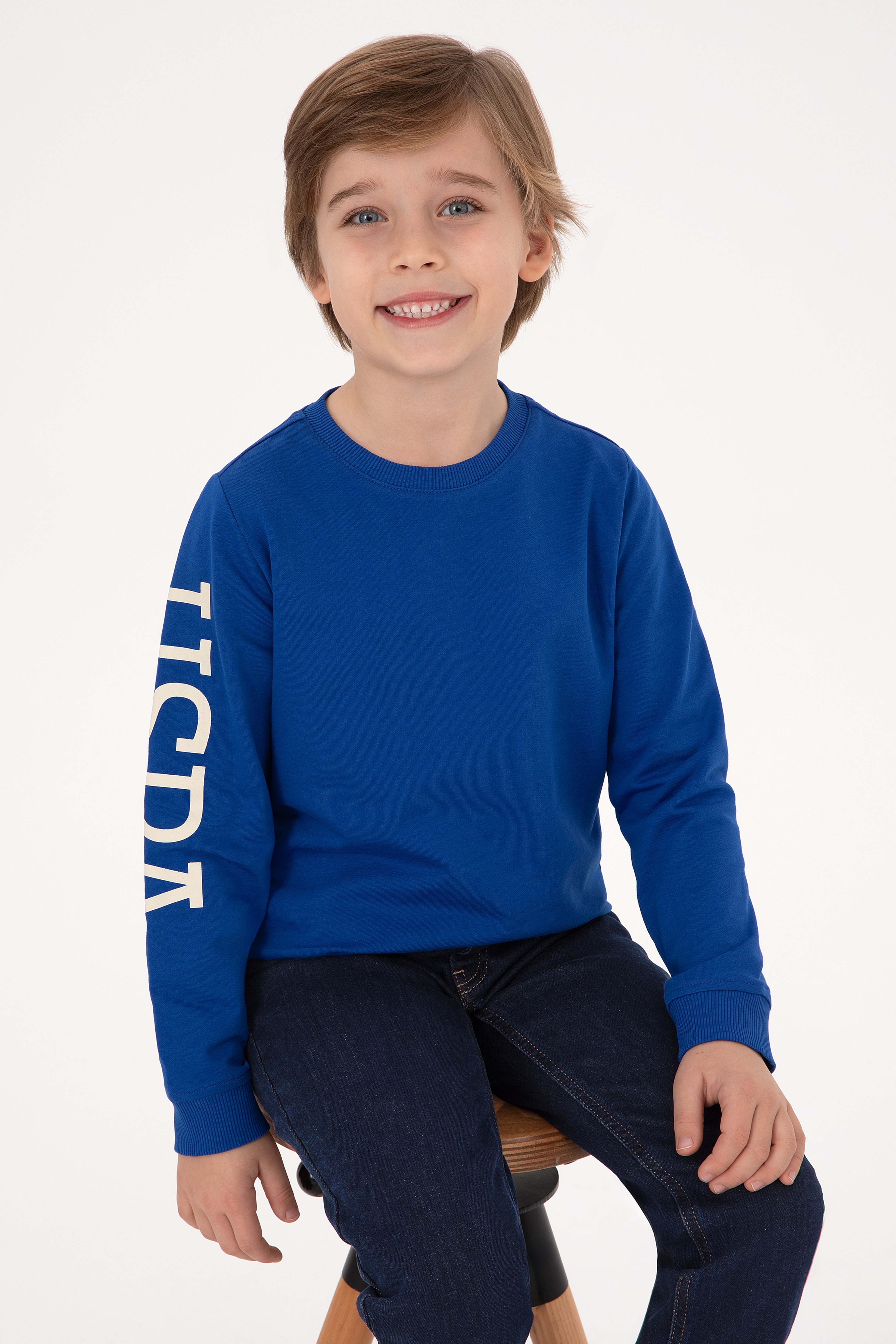 Erkek Çocuk Mavi Basic Bisiklet Yaka Sweatshirt