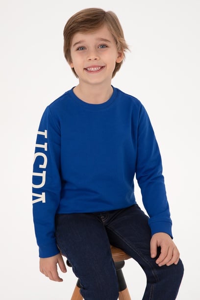 Erkek Çocuk Mavi Basic Bisiklet Yaka Sweatshirt