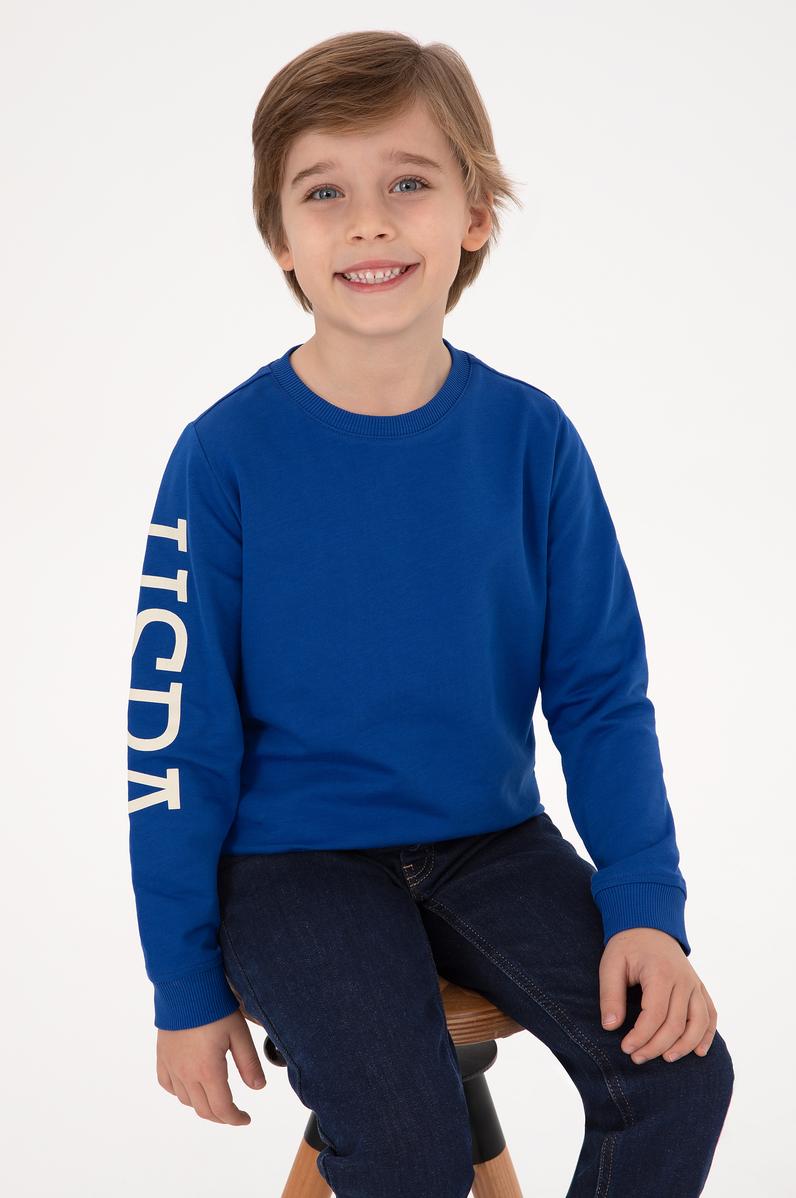 Erkek Çocuk Mavi Basic Bisiklet Yaka Sweatshirt