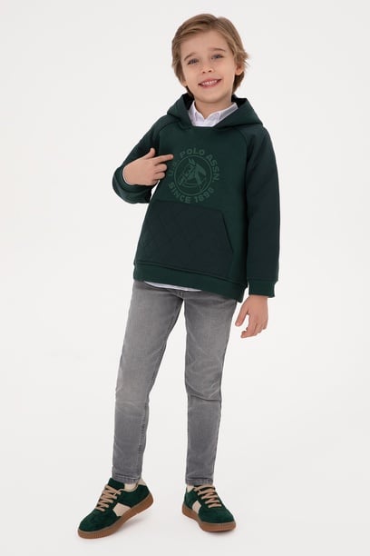 Erkek Çocuk Koyu Yeşil Kapüşonlu Sweatshirt