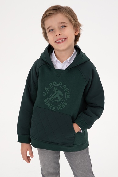 Erkek Çocuk Koyu Yeşil Kapüşonlu Sweatshirt