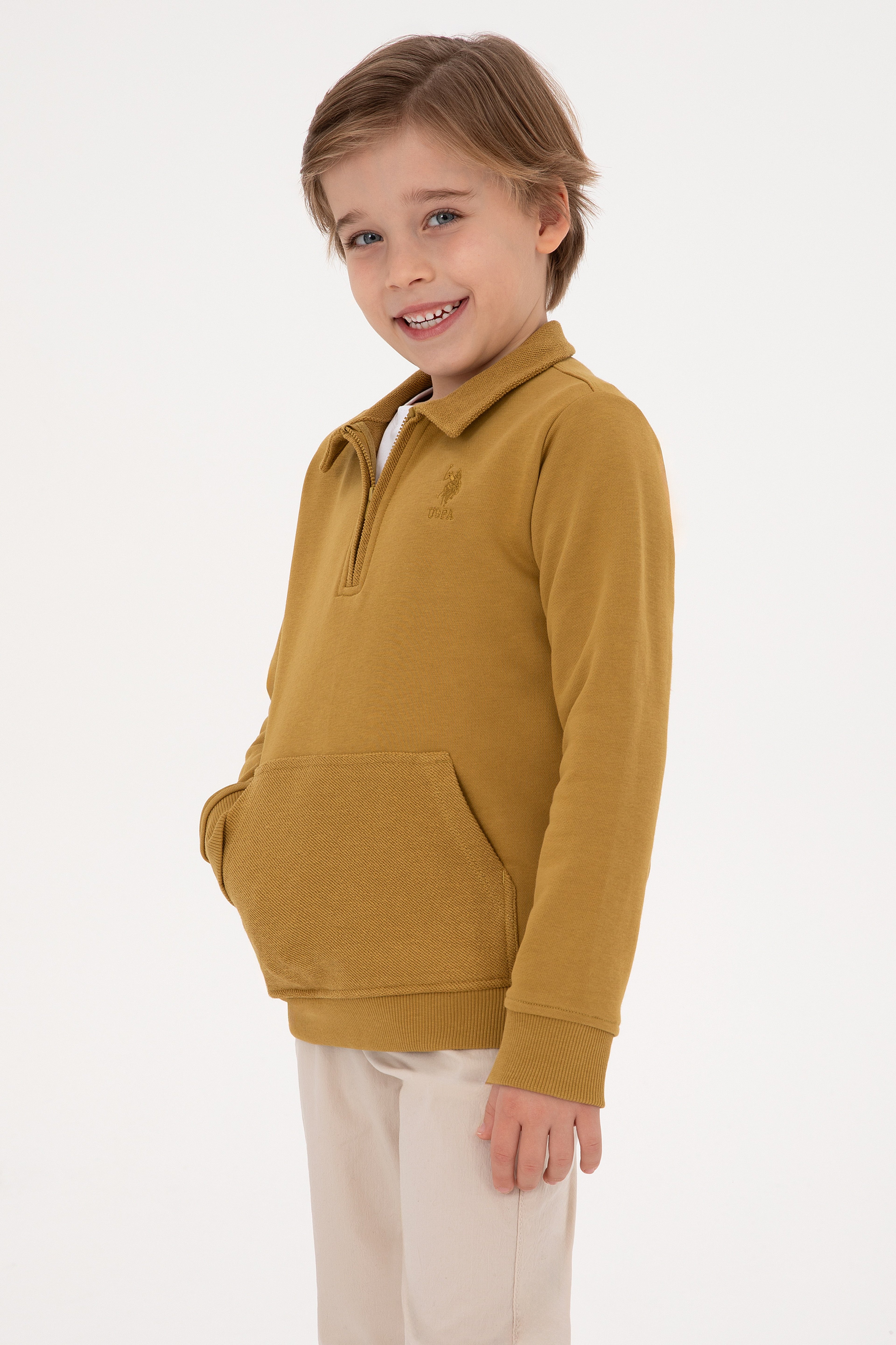 Erkek Çocuk Hardal Yarım Fermuarlı Sweatshirt - Image 1