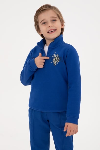 Erkek Çocuk Mavi Şardonlu Yarım Fermuarlı Sweatshirt