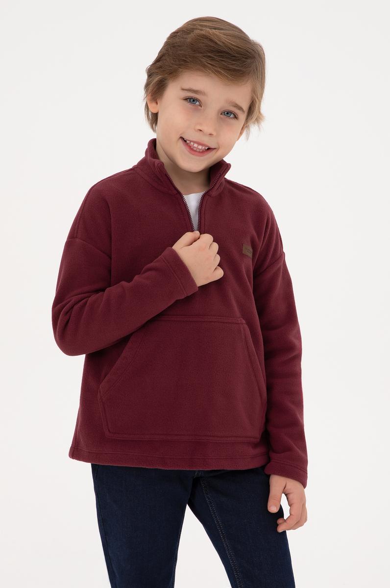 Erkek Çocuk Bordo Yarım Fermuarlı Polar Sweatshirt