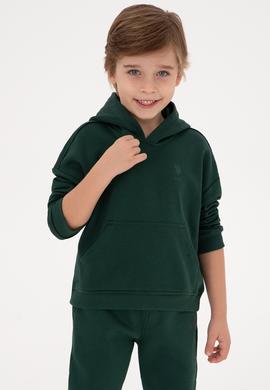 Erkek Çocuk Koyu Yeşil Kapüşonlu Basic Sweatshirt - 50313941028