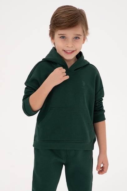 Erkek Çocuk Koyu Yeşil Kapüşonlu Basic Sweatshirt