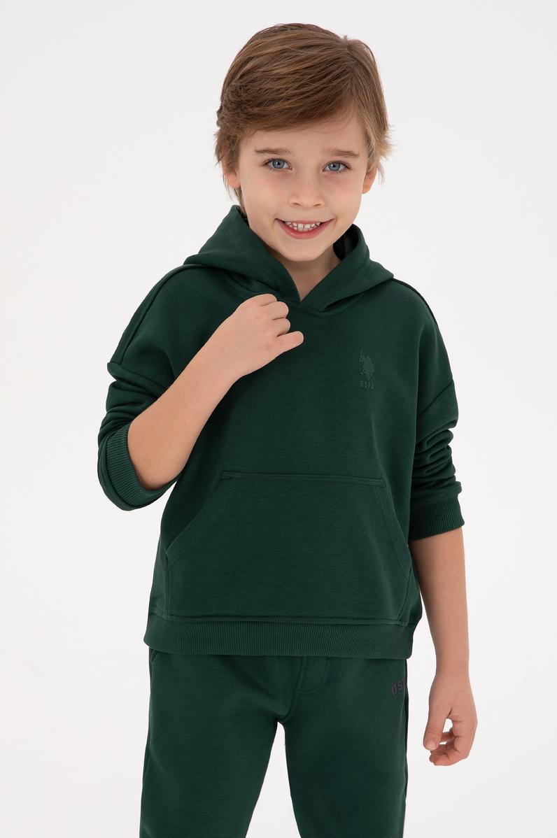 Erkek Çocuk Koyu Yeşil Kapüşonlu Basic Sweatshirt