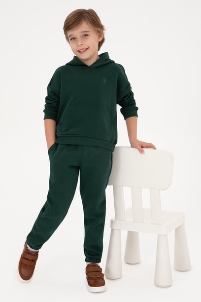 Erkek Çocuk Koyu Yeşil Kapüşonlu Basic Sweatshirt