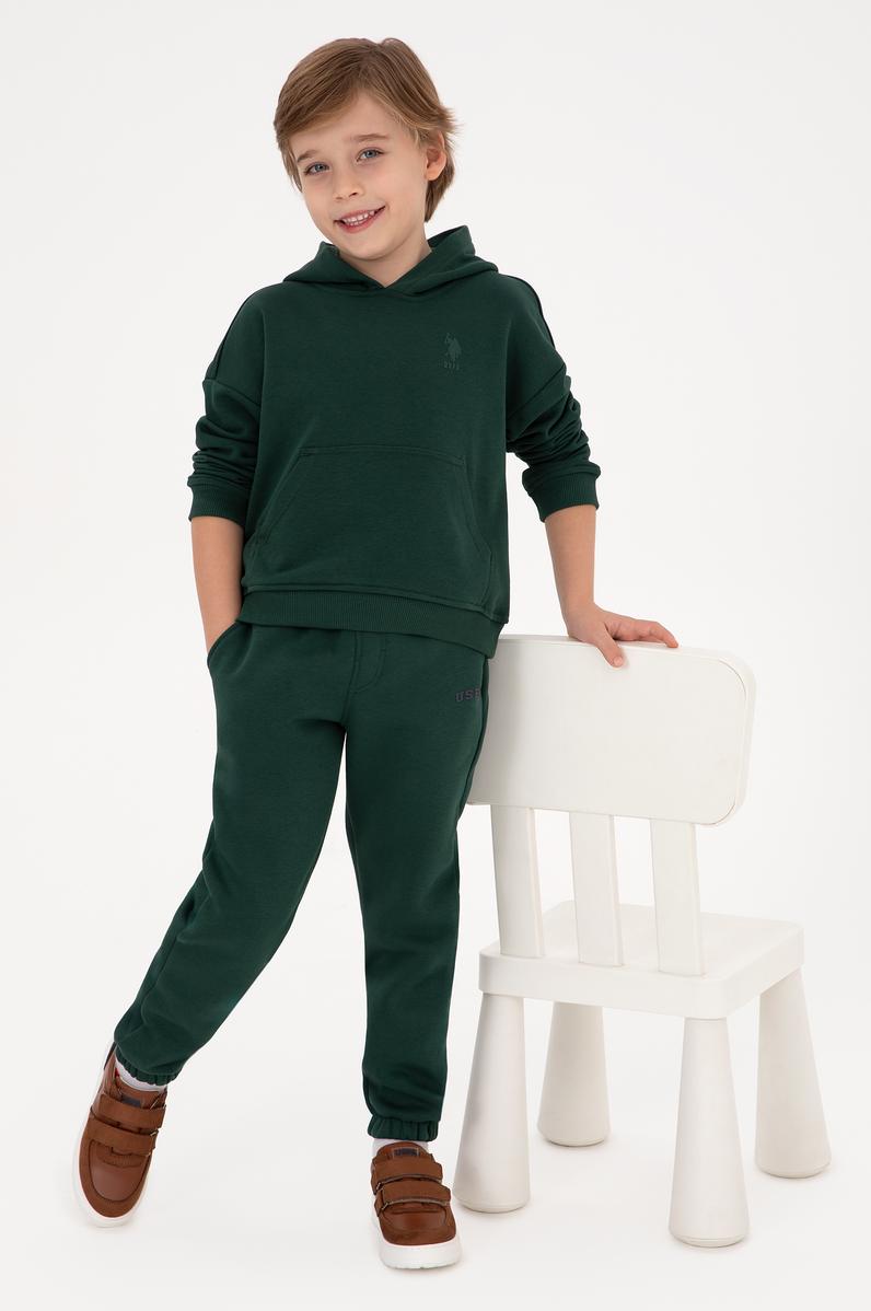 Erkek Çocuk Koyu Yeşil Kapüşonlu Basic Sweatshirt