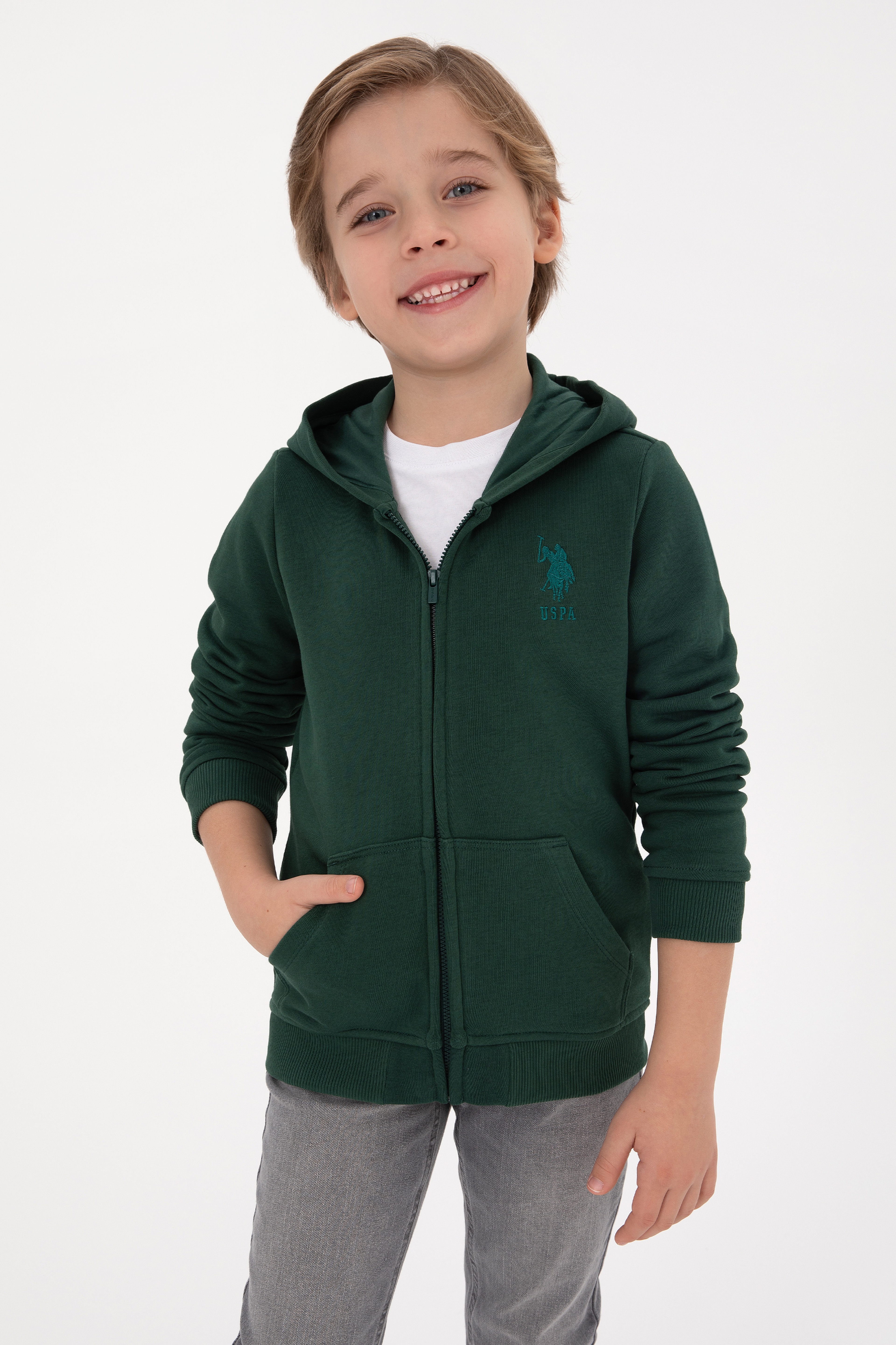 Erkek Çocuk Koyu Yeşil Basic Kapüşonlu Sweatshirt - Image 1