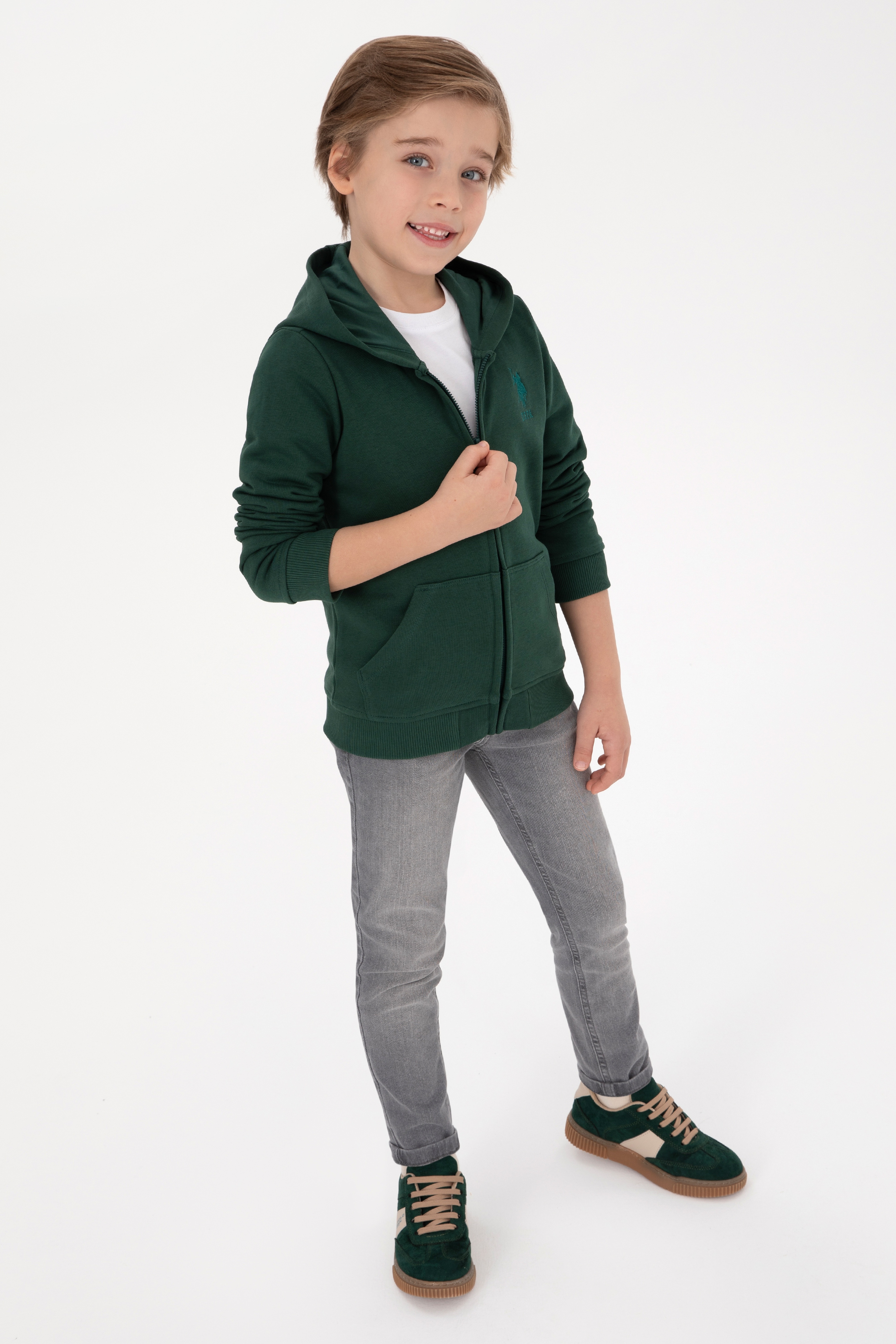 Erkek Çocuk Koyu Yeşil Basic Kapüşonlu Sweatshirt - Image 2