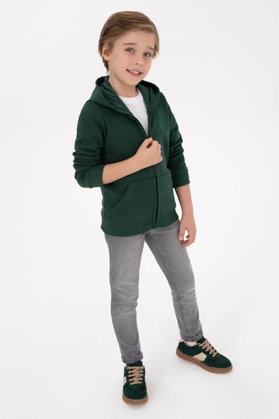 Erkek Çocuk Koyu Yeşil Basic Kapüşonlu Sweatshirt