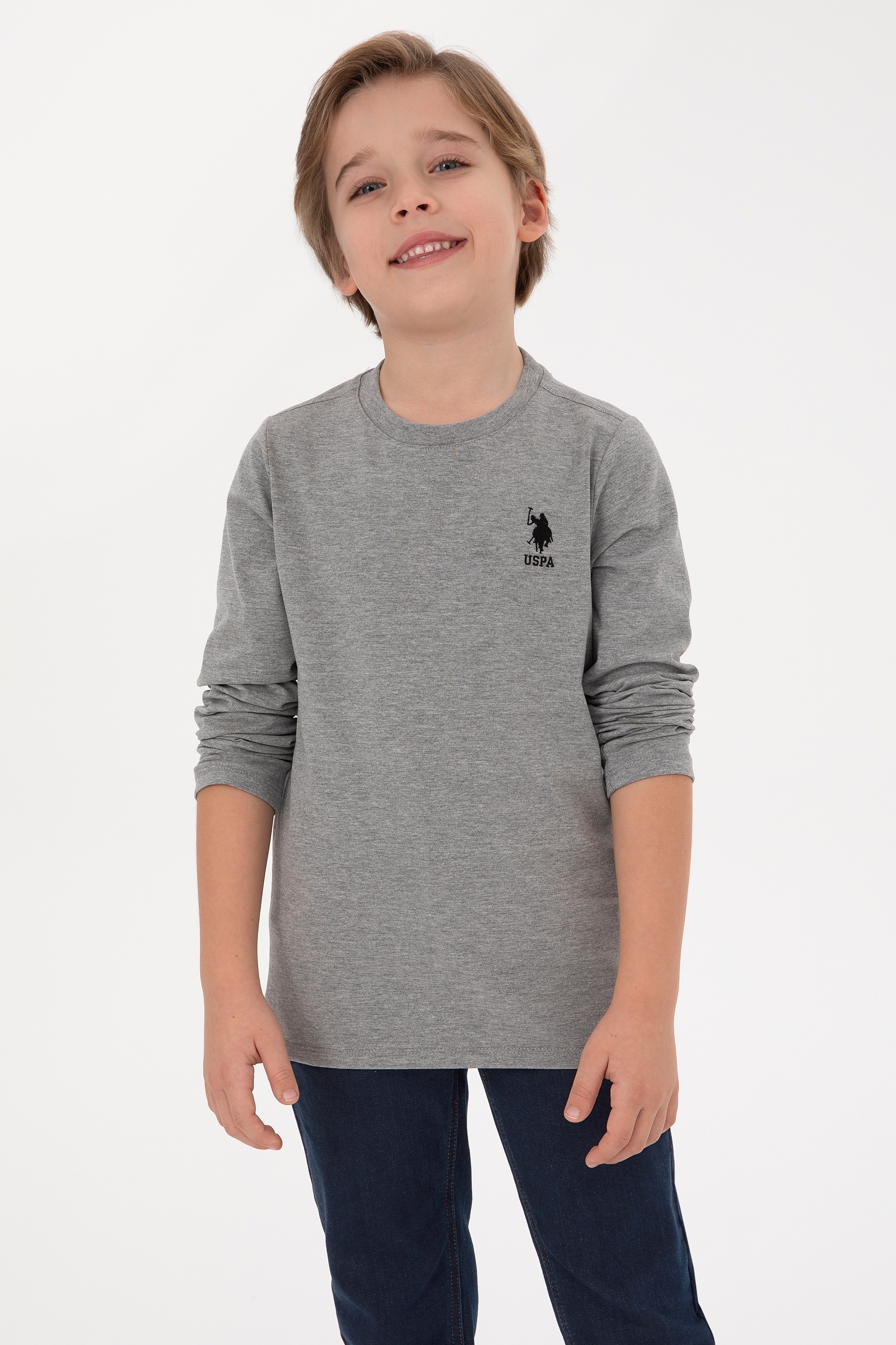 Erkek Çocuk Gri Melanj Basic Bisiklet Yaka Sweatshirt - Image 1