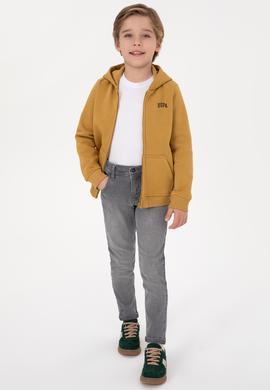 Erkek Çocuk Hardal Fermuarlı Şardonlu Kapüşonlu Örme Hırka - 50313852150