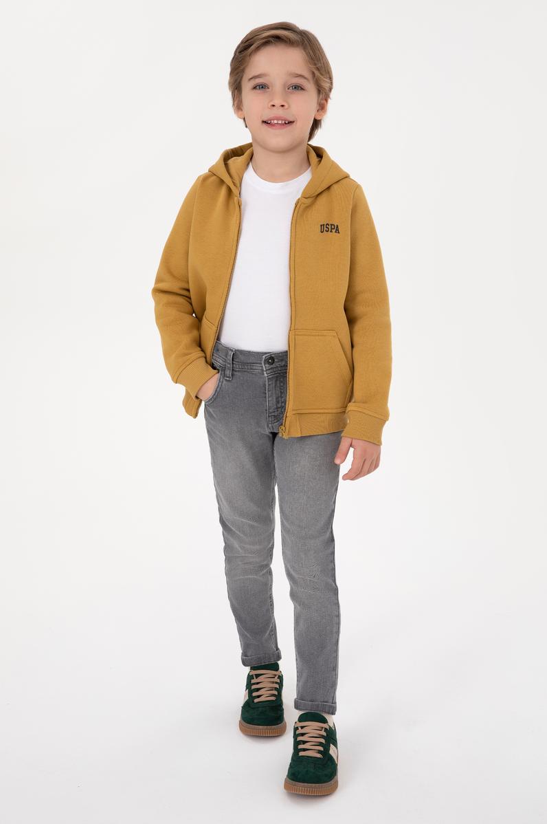 Erkek Çocuk Hardal Fermuarlı Şardonlu Kapüşonlu Örme Hırka