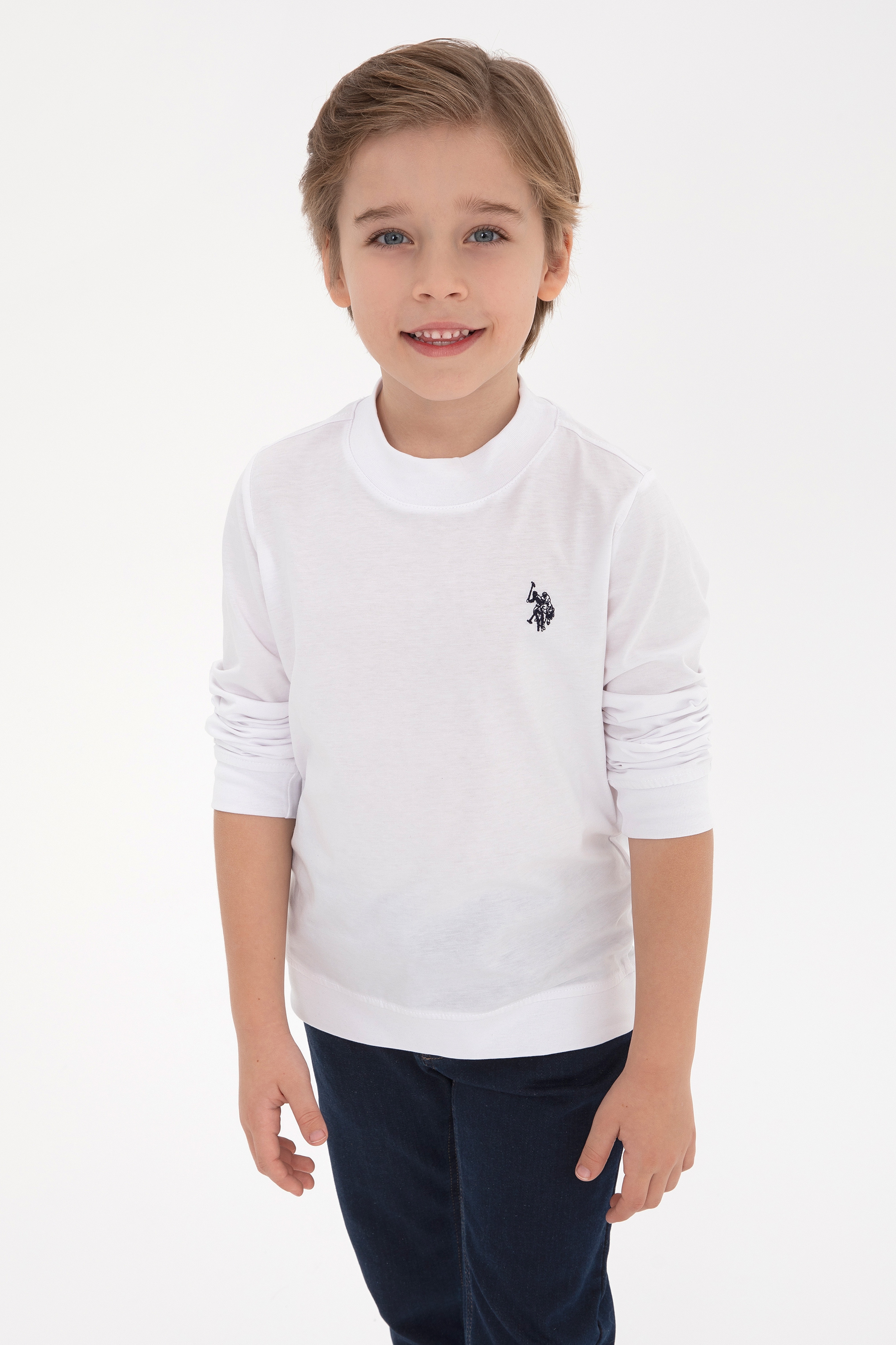 Erkek Çocuk Beyaz Basic Bisiklet Yaka Sweatshirt - Image 1