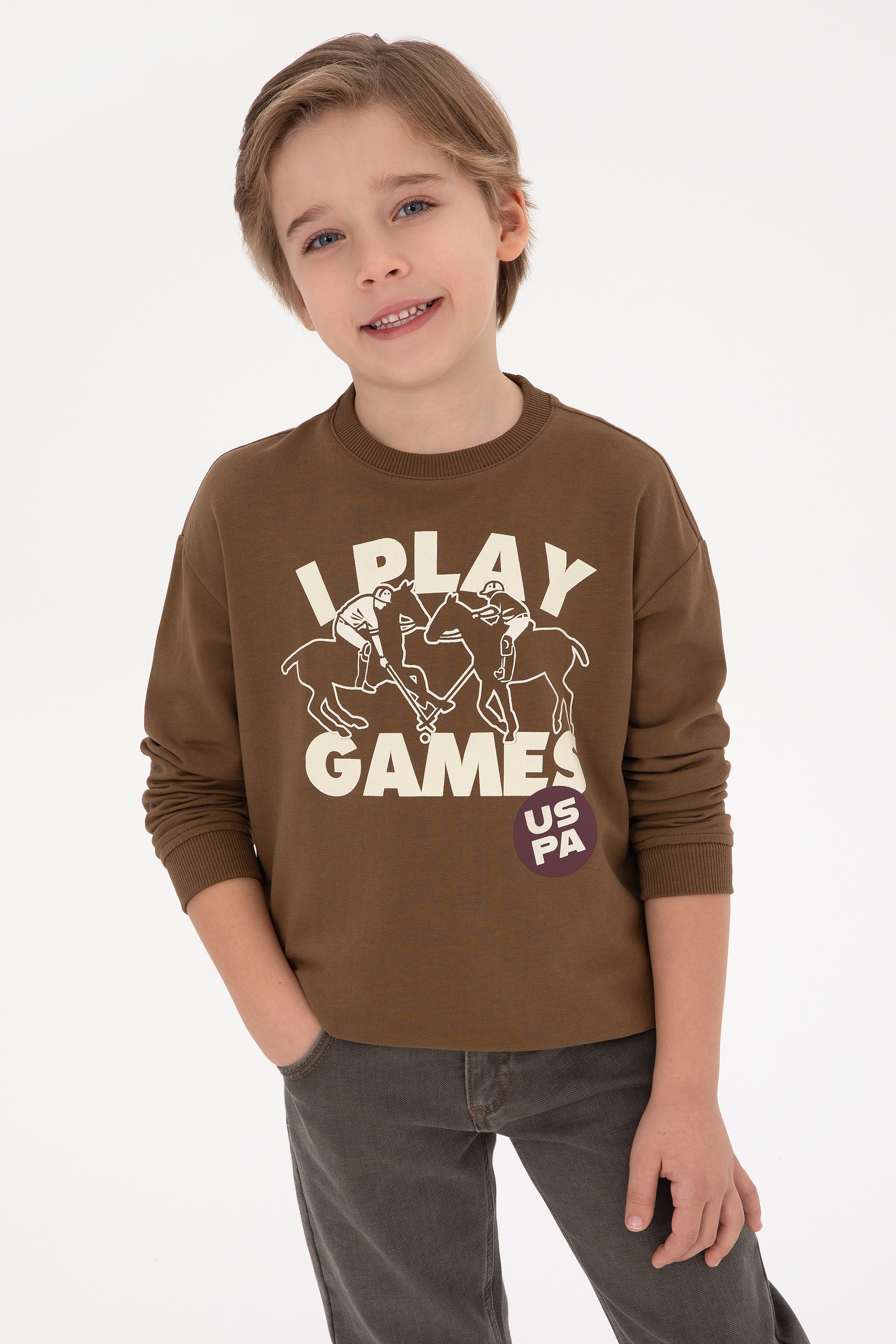 Erkek Çocuk Haki Bisiklet Yaka Sweatshirt - Image 1