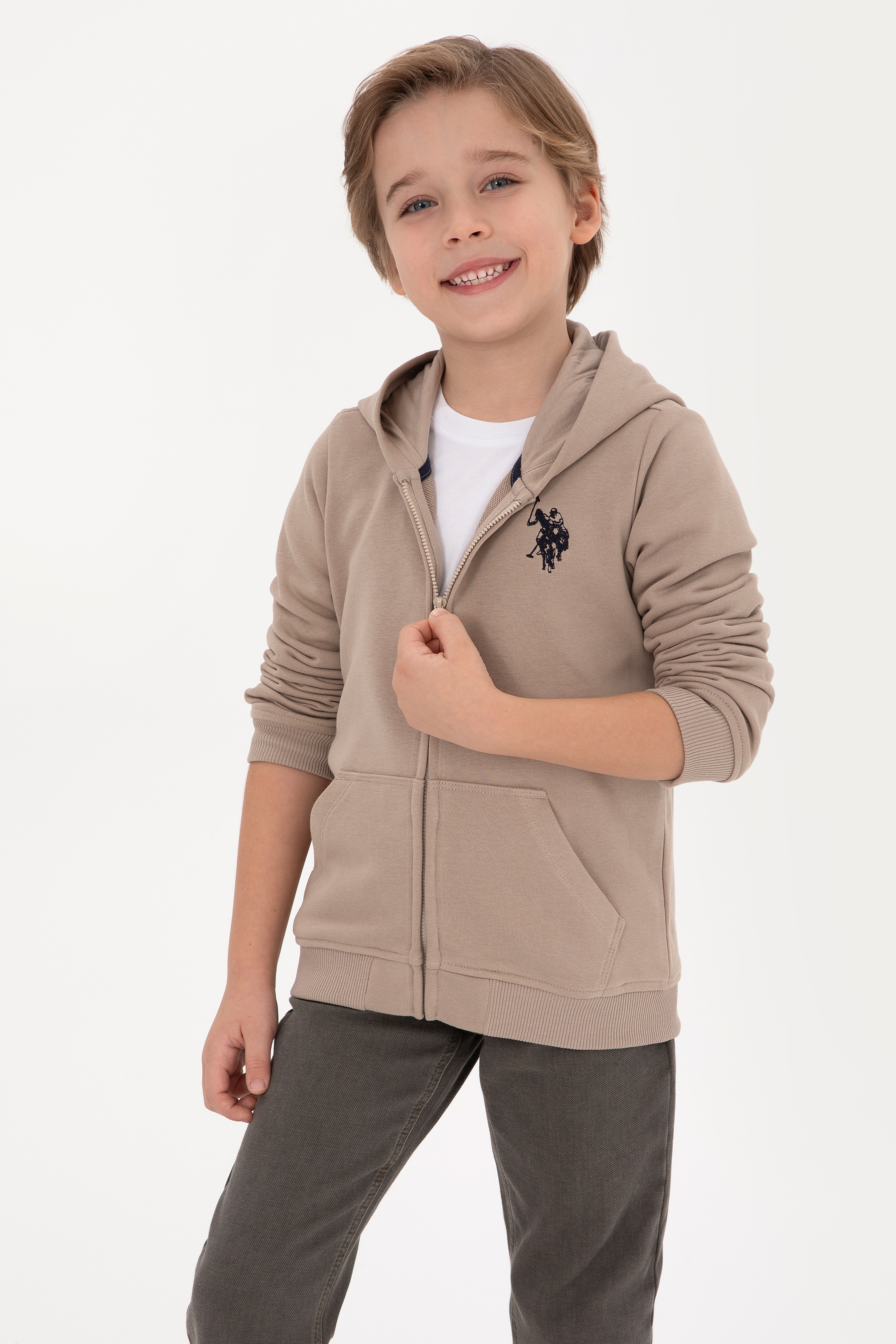 Erkek Çocuk Koyu Bej Fermuarlı Kapüşonlu Sweatshirt