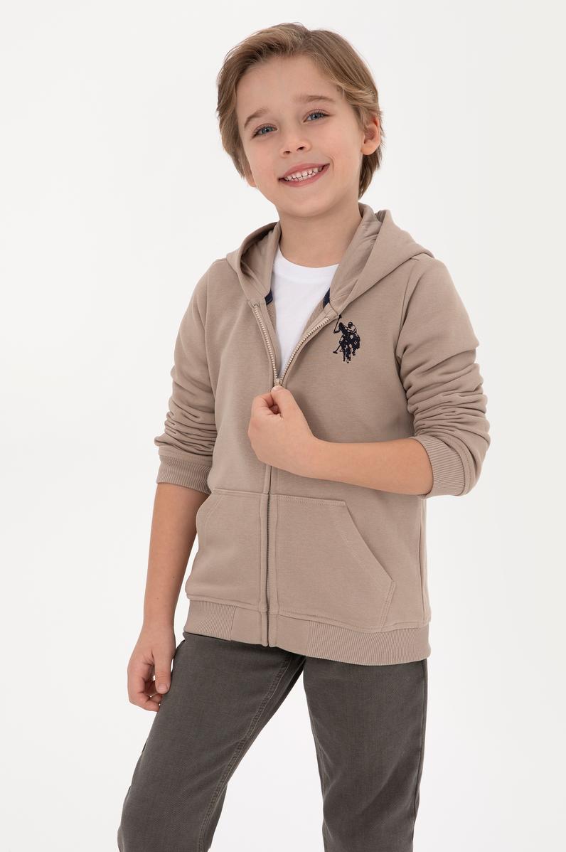 Erkek Çocuk Koyu Bej Fermuarlı Kapüşonlu Sweatshirt