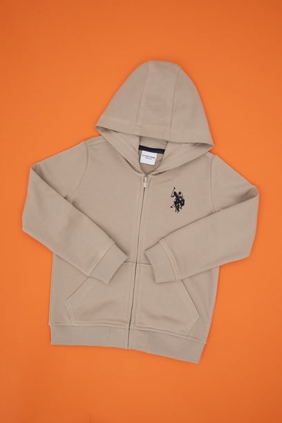 Erkek Çocuk Koyu Bej Fermuarlı Kapüşonlu Sweatshirt