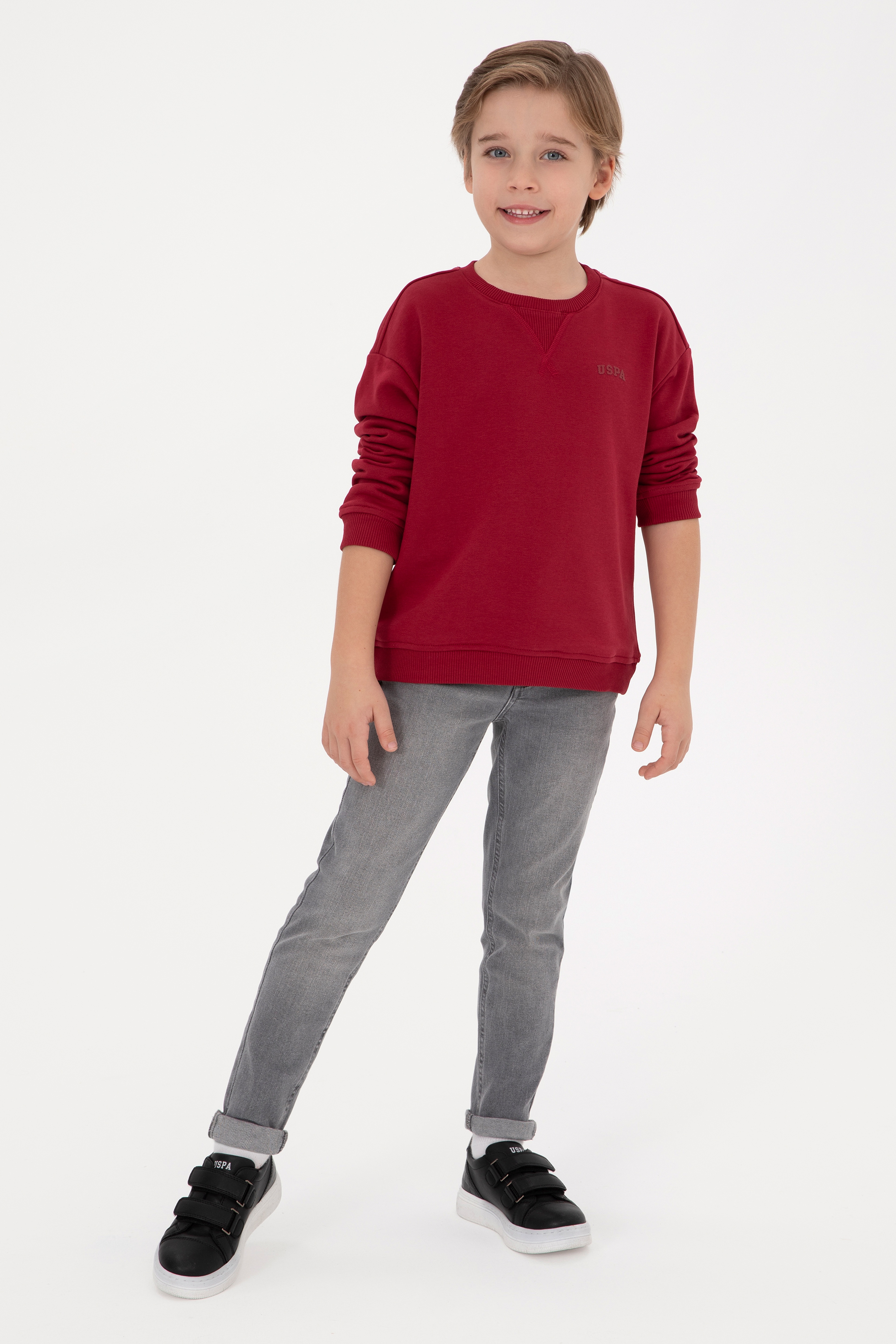 Erkek Çocuk Koyu Frambuaz Bisiklet Yaka Basic Sweatshirt - Image 2