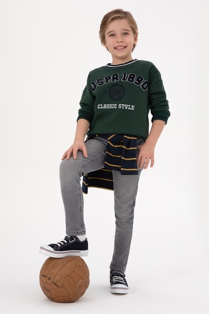 Erkek Çocuk Koyu Yeşil Bisiklet Yaka Şardonlu Sweatshirt