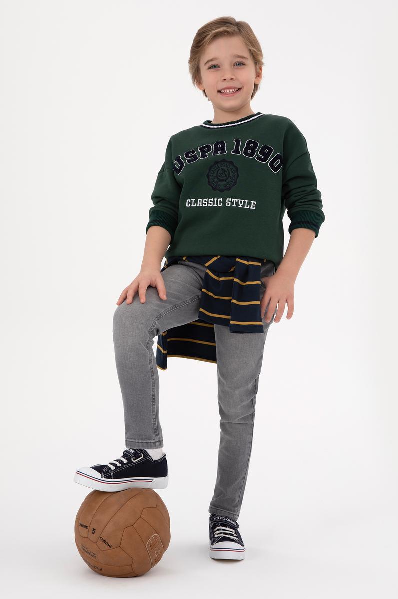 Erkek Çocuk Koyu Yeşil Bisiklet Yaka Şardonlu Sweatshirt