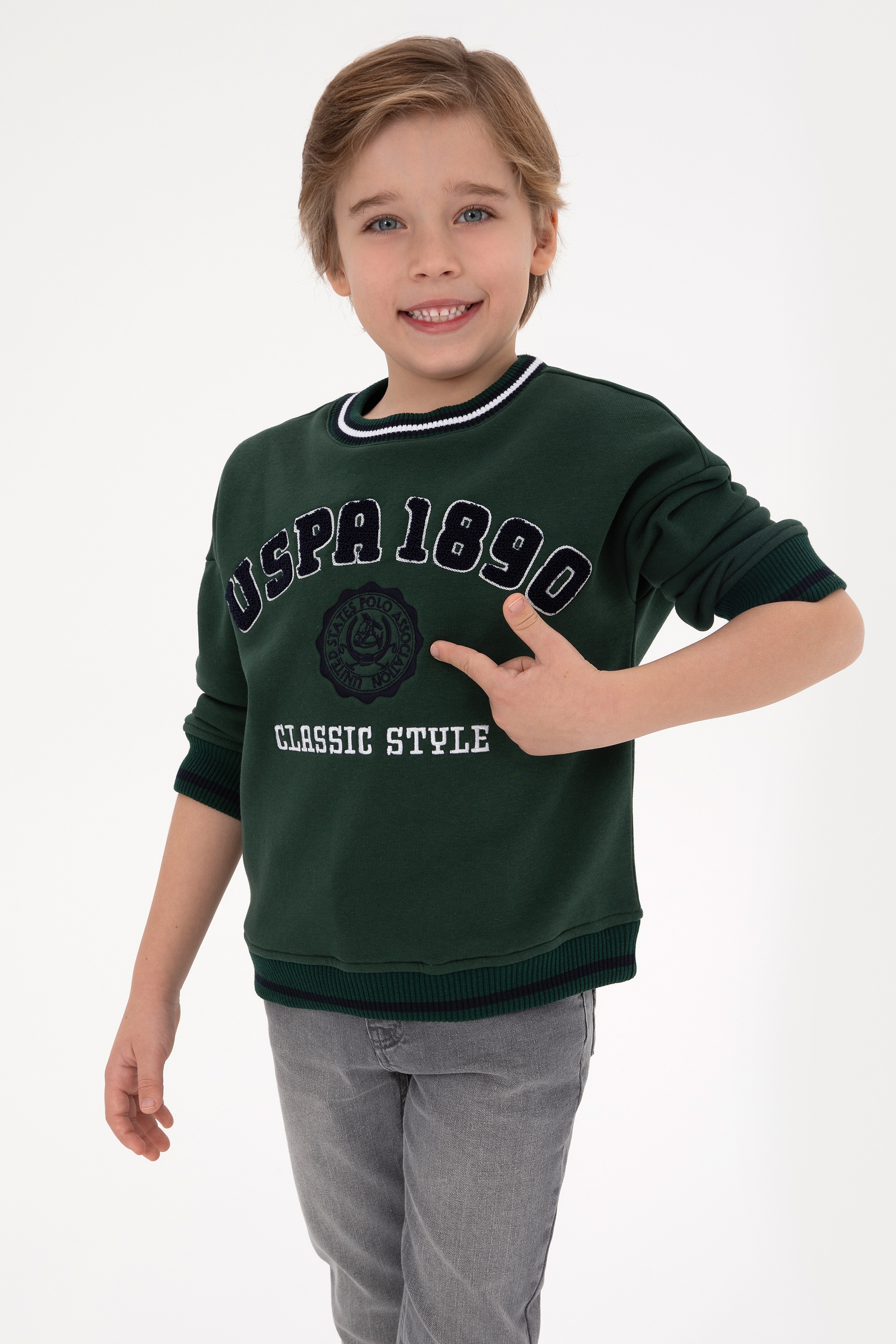 Erkek Çocuk Koyu Yeşil Bisiklet Yaka Şardonlu Sweatshirt - Image 1