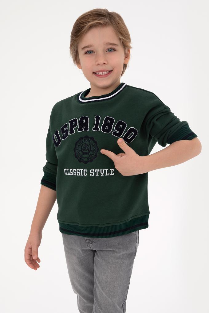 Erkek Çocuk Koyu Yeşil Bisiklet Yaka Şardonlu Sweatshirt