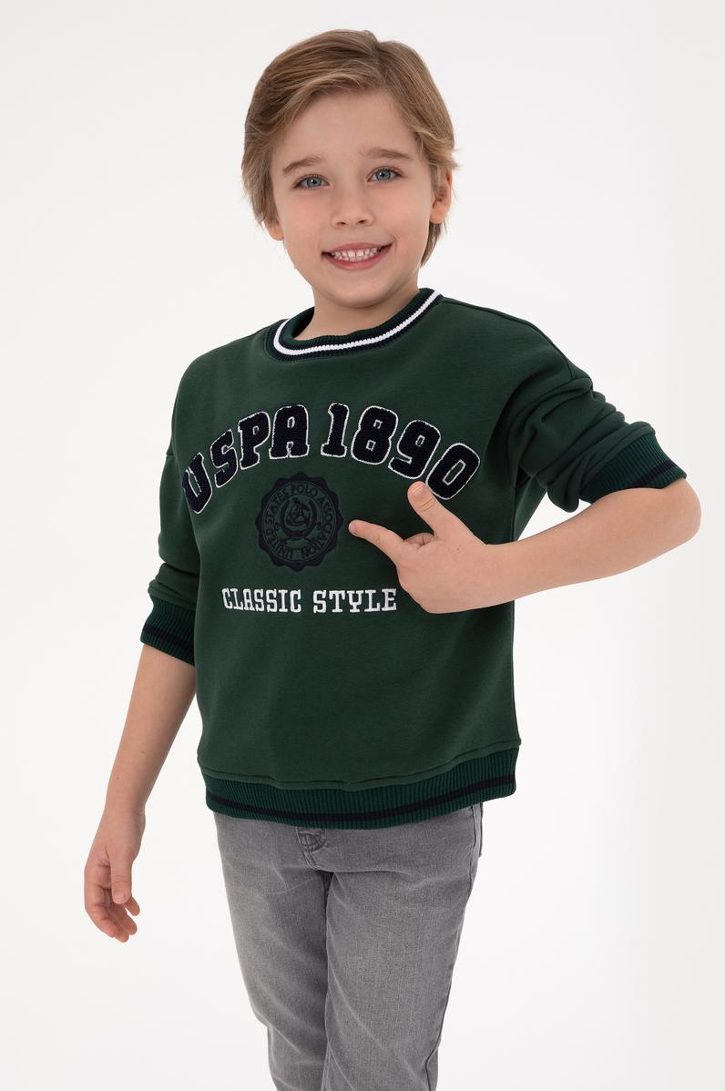 Erkek Çocuk Koyu Yeşil Bisiklet Yaka Şardonlu Sweatshirt