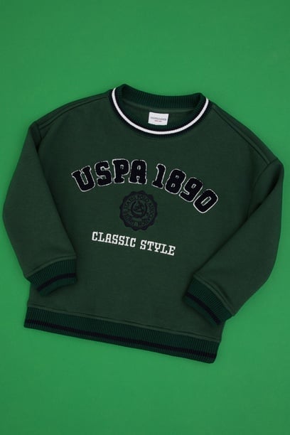Erkek Çocuk Koyu Yeşil Bisiklet Yaka Şardonlu Sweatshirt