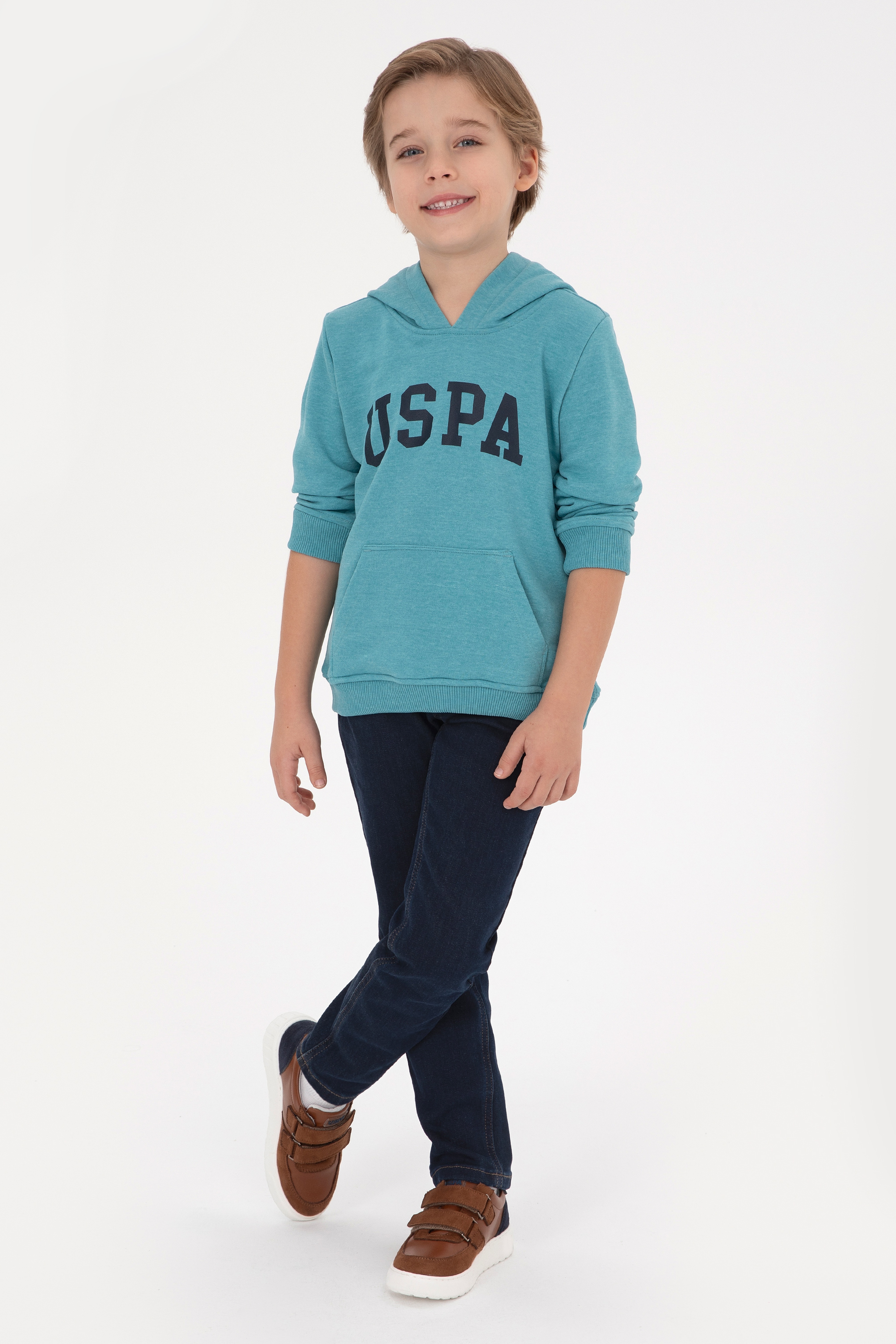 Erkek Çocuk Mint Melanj Kapüşonlu Basic Sweatshirt - Image 2
