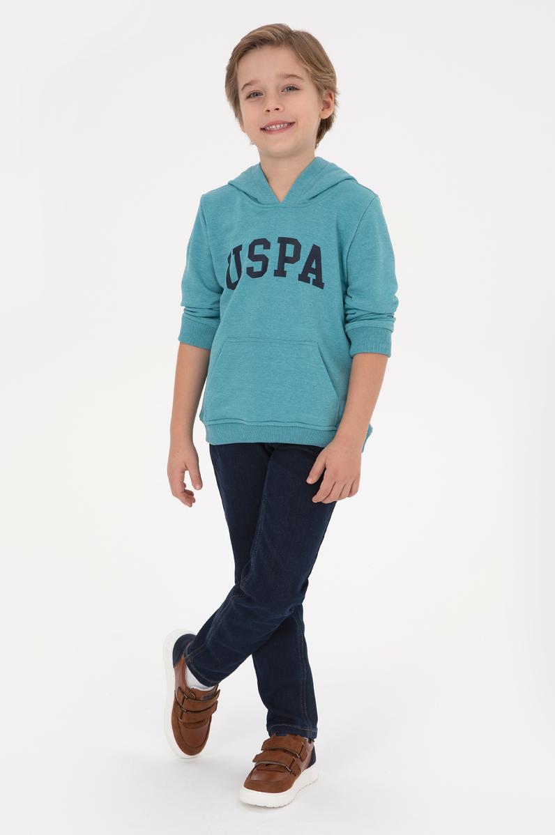 Erkek Çocuk Mint Melanj Kapüşonlu Basic Sweatshirt