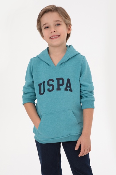 Erkek Çocuk Mint Melanj Kapüşonlu Basic Sweatshirt