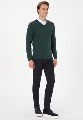 Erkek Slim Fit V Yaka Koyu Yeşil Basic Kazak - 50313668048