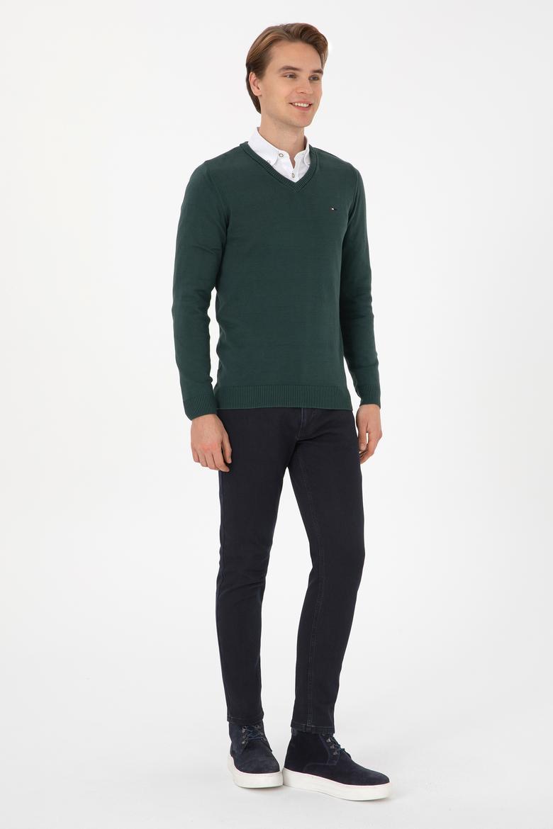 Erkek Slim Fit V Yaka Koyu Yeşil Basic Kazak - 50313668048