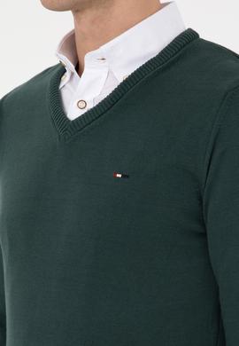 Erkek Slim Fit V Yaka Koyu Yeşil Basic Kazak - 50313668048