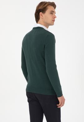Erkek Slim Fit V Yaka Koyu Yeşil Basic Kazak - 50313668048