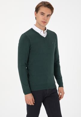 Erkek Slim Fit V Yaka Koyu Yeşil Basic Kazak - 50313668048