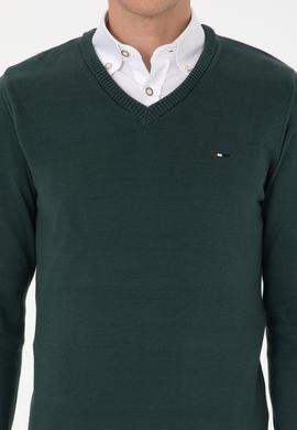 Erkek Slim Fit V Yaka Koyu Yeşil Basic Kazak - 50313668048