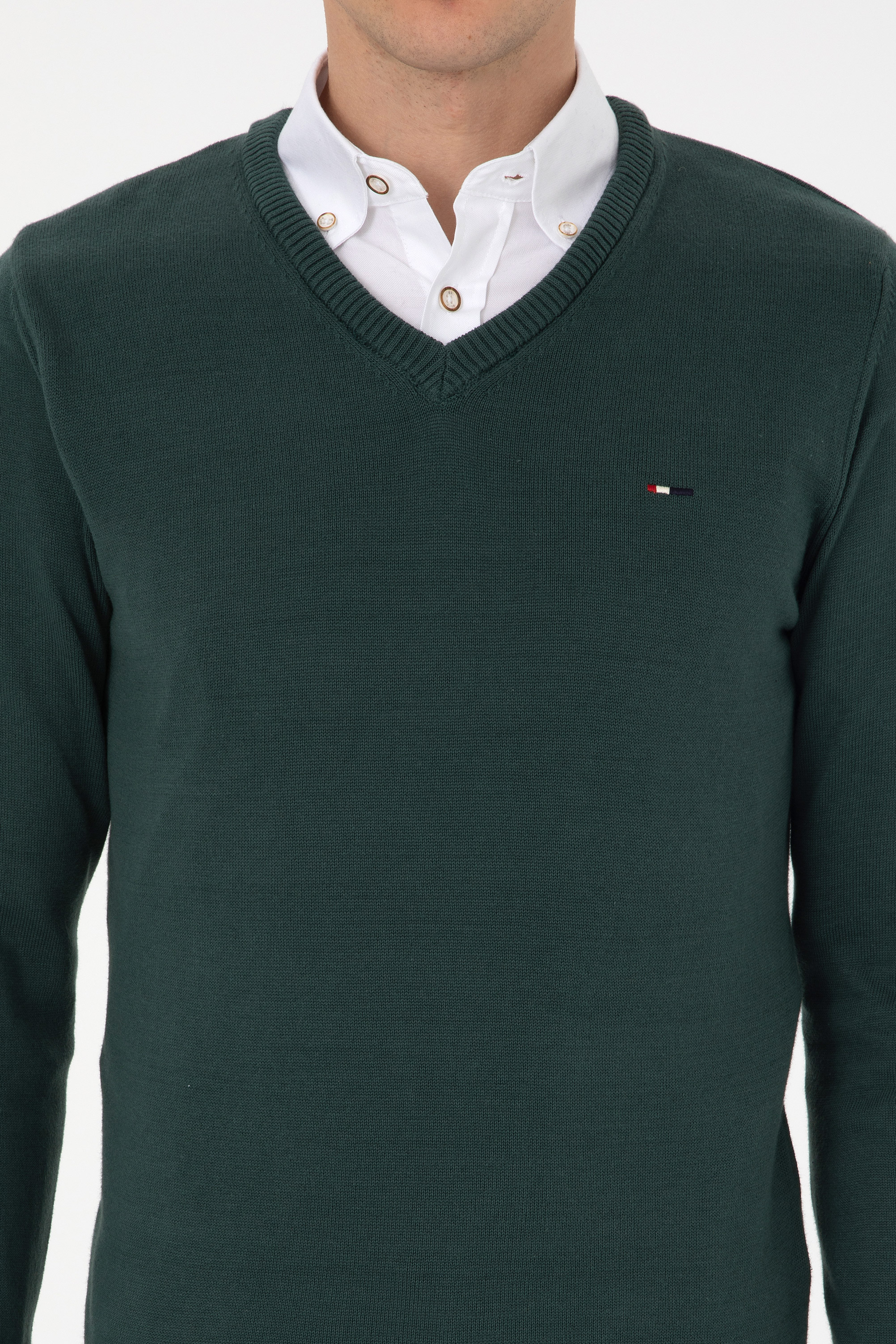 Erkek Slim Fit V Yaka Koyu Yeşil Basic Kazak
